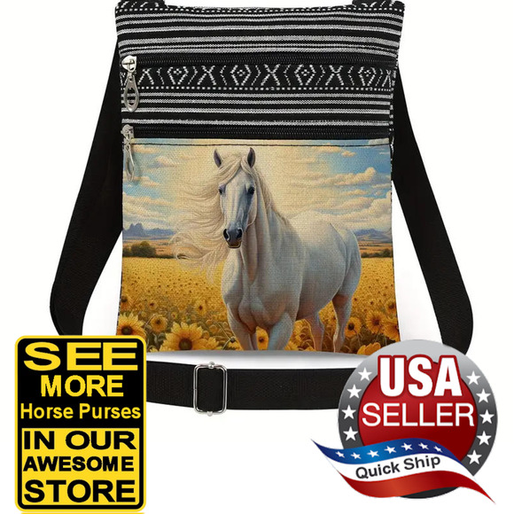 White Arab Oil Painting Print Purse Crossbody Shoulder Bag •Two Zippered Pockets - Picture 1 of 8